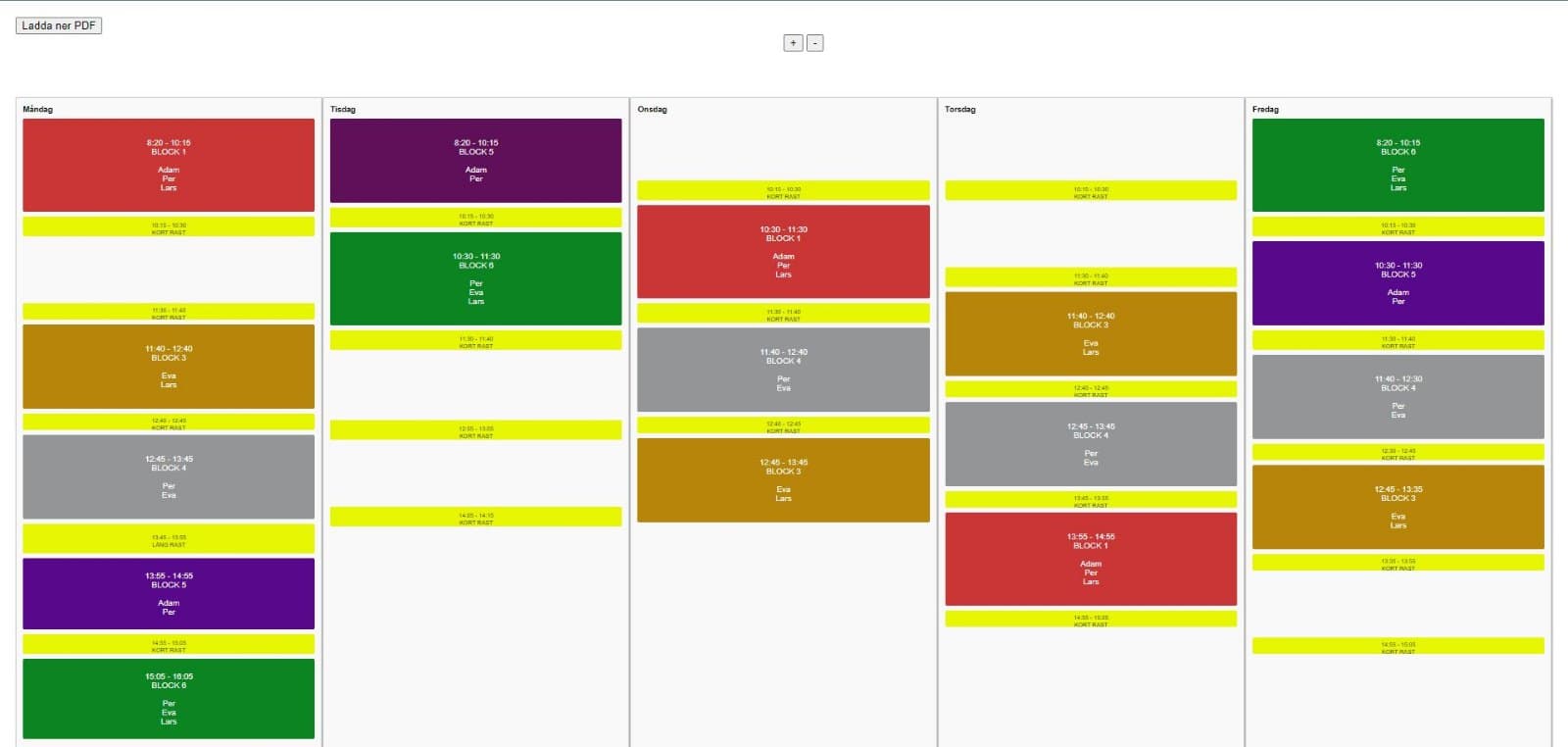 The combined schedule showing which friends are free when