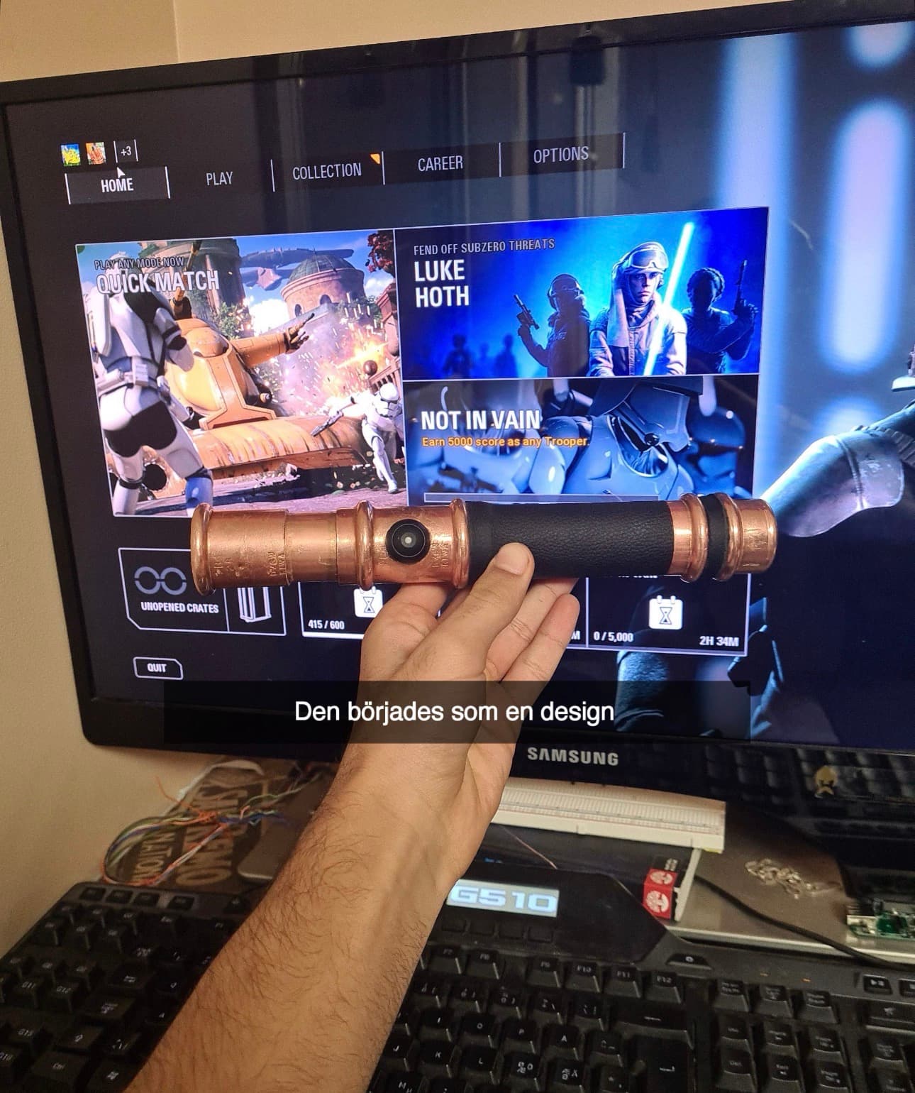The copper hilt, the first attempt, abandoned when the battery would not fit